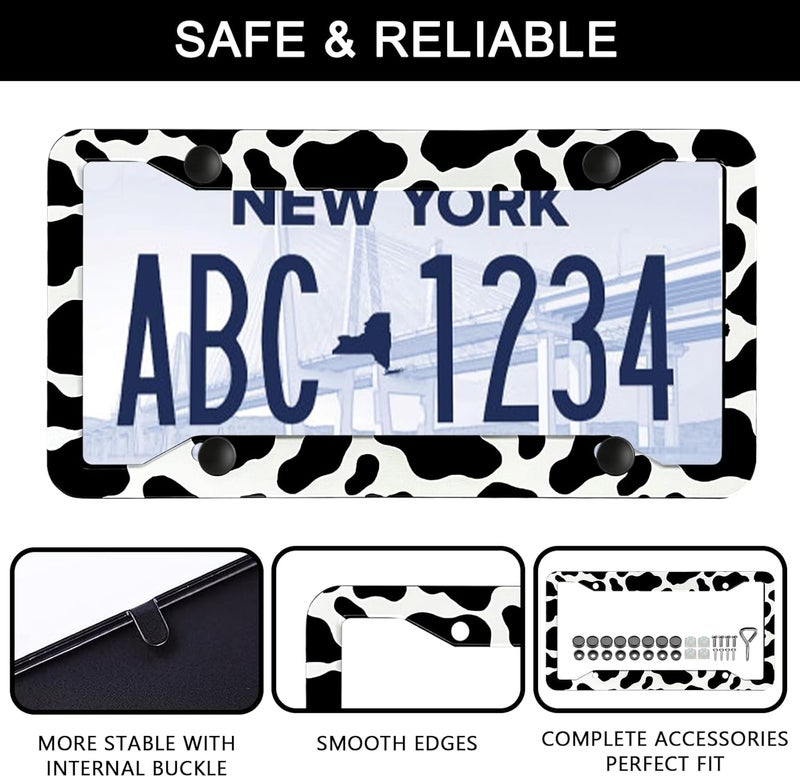 LIN KANG Cow Print License Plate Frame - 2 Pack Cute Animal Cow White Black Spot Tags Frames Holder Covers, Car Decorative Tag Frames for Standard US Canada License Plate Holder 4 Holes 12x6 Inch - Image 4